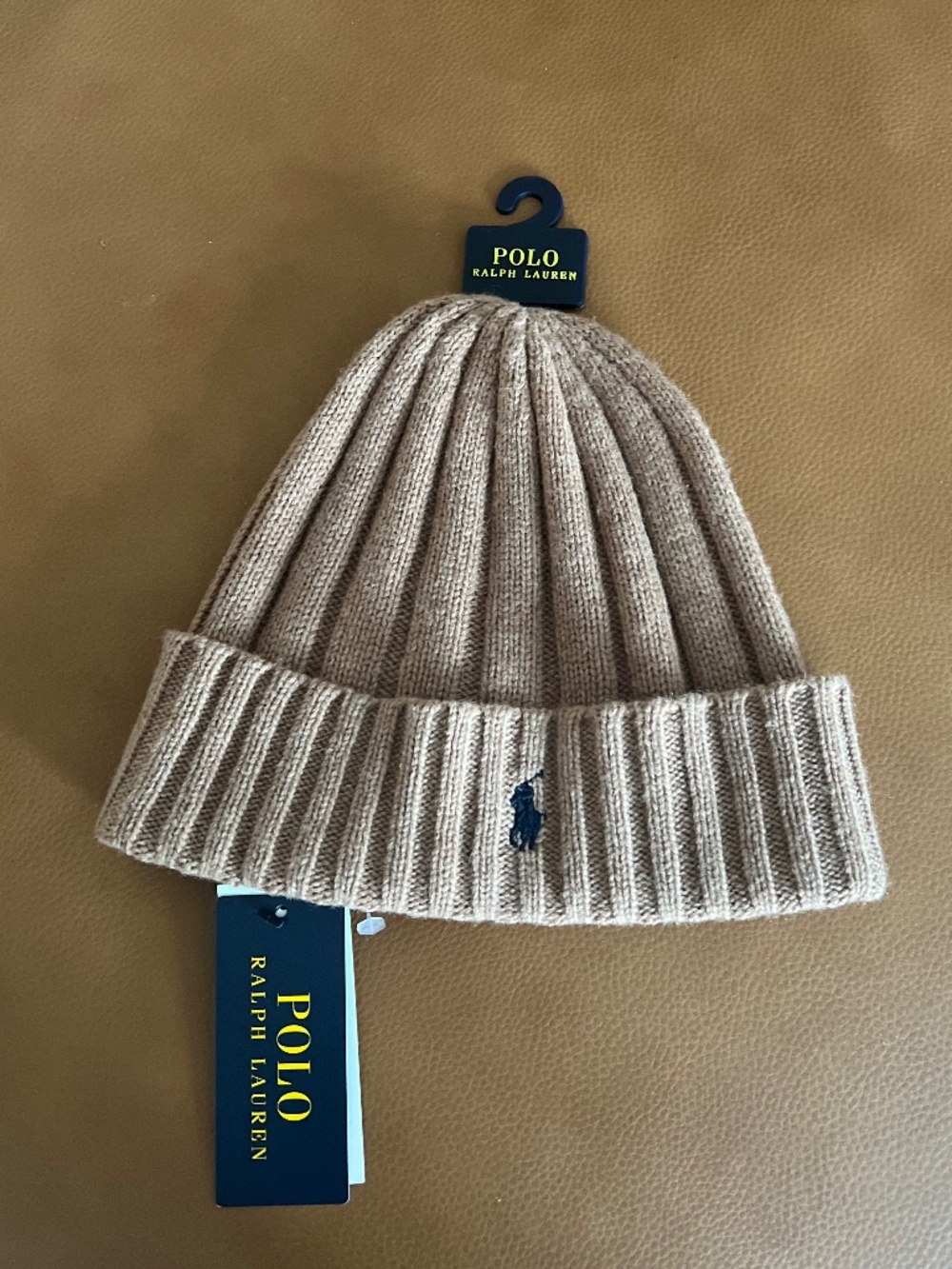 Ralph Lauren Beige Ribbed Knit Beanie with Navy Pony